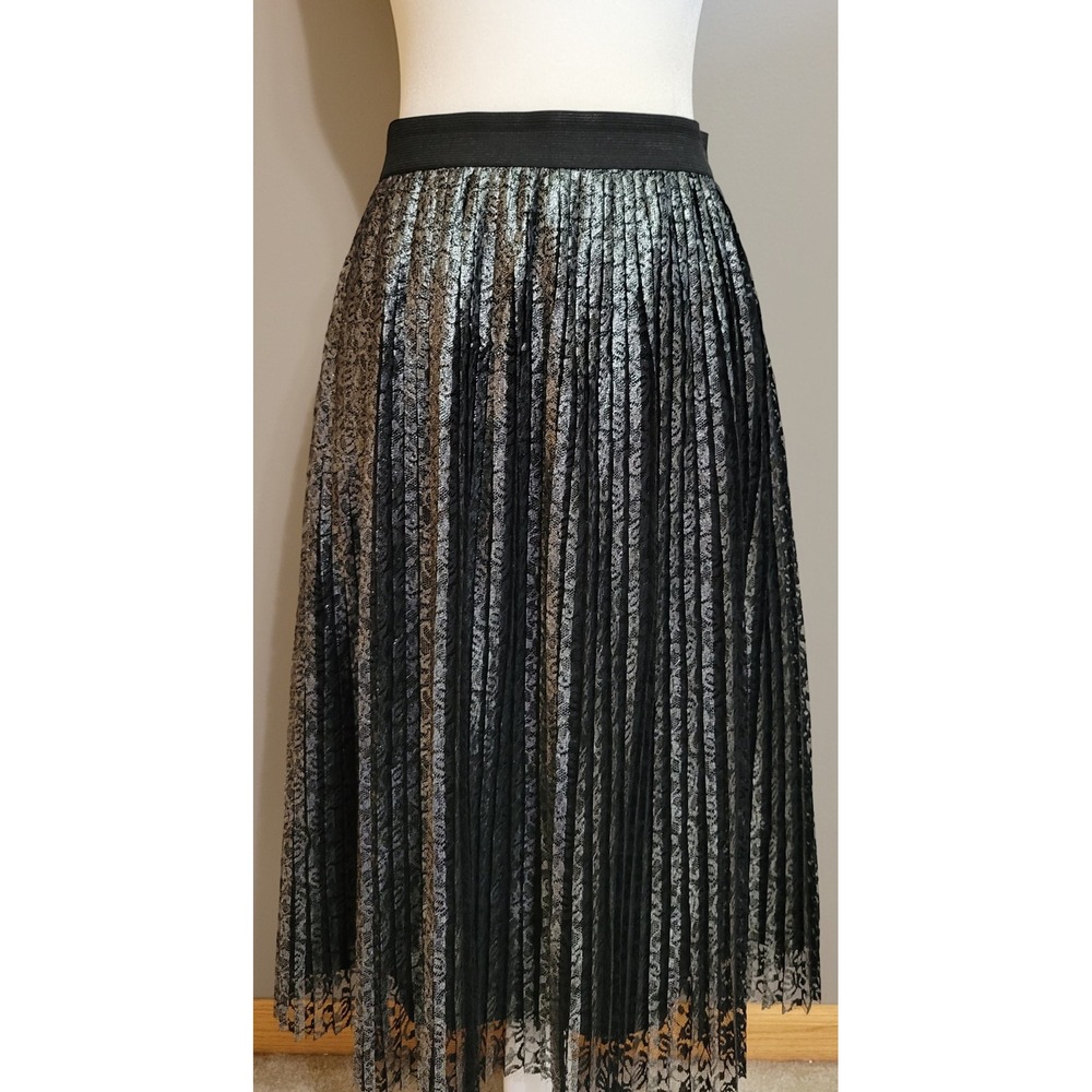 Eloquii Black & Sliver Lace Pleated Midi Skirt